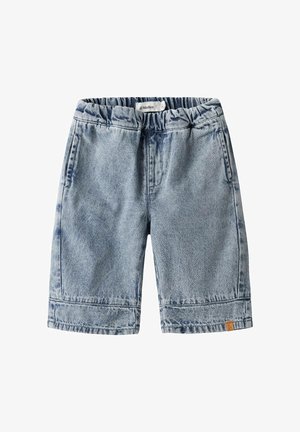 Denim shorts with an elastic waistband, light blue color, classic straight cut, featuring side pockets and a small branded tag.