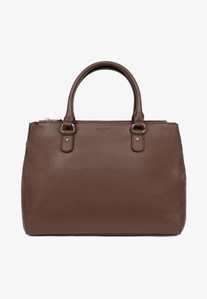 Sac à main en cuir marron avec un design structuré, des poignées supérieures doubles, des accents en métal argenté et une fermeture éclair en haut.