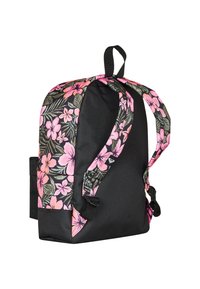 Backpack with a black base and floral pattern in pink and green on straps, featuring adjustable straps and side pocket. Durable material.