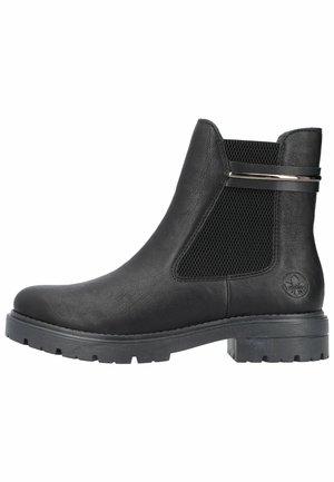 Schwarze Knöchelstiefel aus glattem Leder, mit einem Netzpaneel, einem dekorativen Metallband und einer robusten Gummisohle mit Rillen.