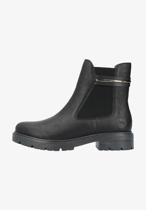 Schwarze Knöchelstiefel aus glattem Leder, mit einem Netzpaneel, einem dekorativen Metallband und einer robusten Gummisohle mit Rillen.