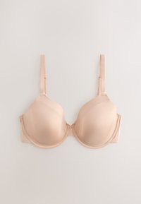 Soutien-gorge beige clair à armatures avec bonnets moulés lisses et bretelles ajustables sur un fond neutre uni.
