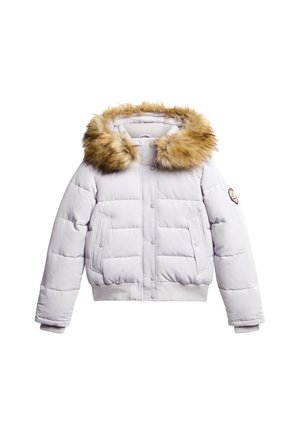 White padded winter jacket featuring a faux fur hood, snap buttons, two side pockets, and ribbed cuffs. Soft texture with a quilted design.