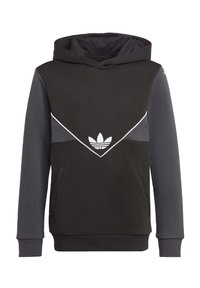 Svart och grå huva sweatshirt med en triangulär design, vit accentrand, framficka och ett broderat logo på bröstet.