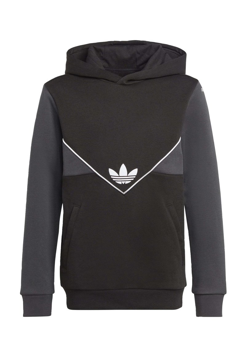 Svart och grå huva sweatshirt med en triangulär design, vit accentrand, framficka och ett broderat logo på bröstet.