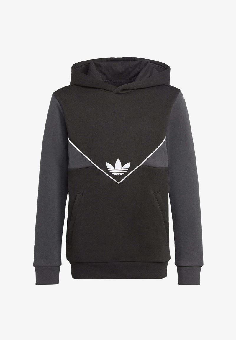 Black and grey hooded sweatshirt with a triangular design, white accent stripe, front pouch pocket, and an embroidered logo on the chest.