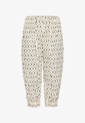 Valkoiset lyhyet housut esittävät mustaa geometrista kuviota. Pehmeä kangas, jossa on joustava vyötärö ja gathered-hihnat nilkoissa.