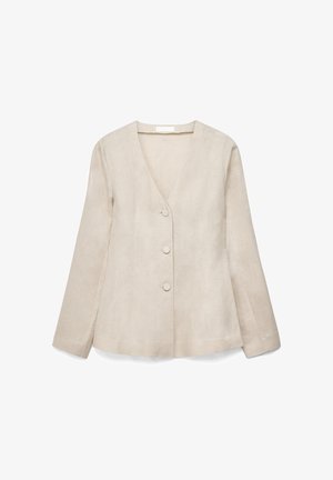 Béžové dámske sako s dlhým rukávom, výstrihom do V, tromi okrúhlymi gombíkmi a priliehavým strihom, zobrazené na bielom pozadí.