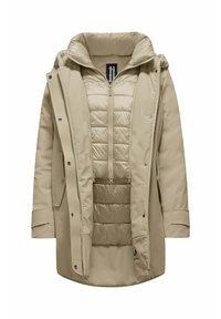 Beige buitenjas met een gestructureerde puffer voering en capuchon, voorrits, drukknoopsluiting en zijzakken.