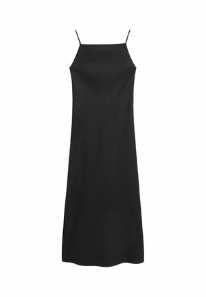 Černé midi šaty bez rukávů s tenkými ramínky a rovým výstřihem, zobrazené na bílém pozadí.