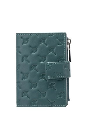 Portafoglio in pelle turchese con motivi a ventaglio in rilievo, chiusura a scatto con cinturino e una cerniera sul lato per uno spazio di archiviazione aggiuntivo.
