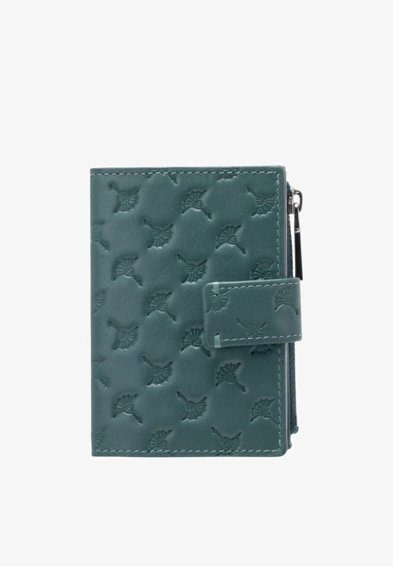 Portfel z tealowej skóry z tłoczonymi wzorami wachlarza, paskiem zapinanym na zatrzask i zamkiem błyskawicznym po boku na dodatkową przestrzeń na przechowywanie.