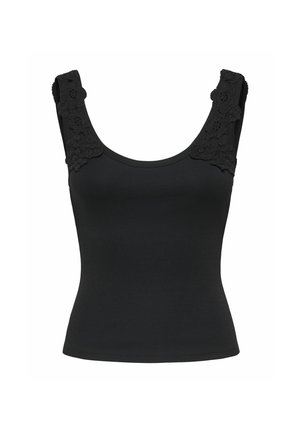 Sort ærmeløs top med rund halsudskæring med blomsterblonde detaljer på de brede skulderstropper.