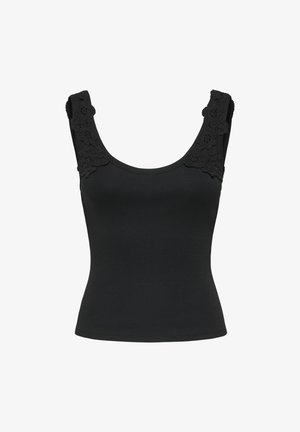 Sort ærmeløs top med rund halsudskæring med blomsterblonde detaljer på de brede skulderstropper.