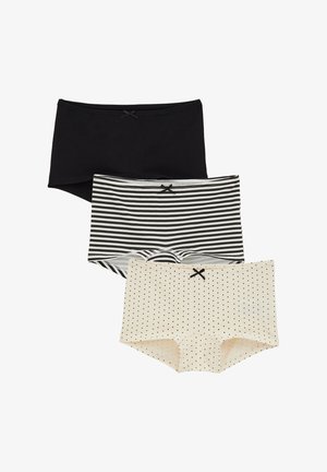 Kolm paari naistepesu: must paar, triibuline must-valge paar ja kreemikas paar mustade täppidega, kõik väikeste vildistussilmustega vöökohal.