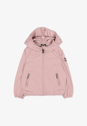 Giacca rosa chiaro con cappuccio, zip frontale, due tasche con zip, polsini ed orlo elastici e patch rotondo con logo sulla manica sinistra.