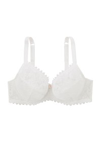 Soutien-gorge en dentelle blanche avec des bords festonnés, des bonnets semi-transparents et des bretelles ajustables. Comprend un petit bouton décoratif au centre.