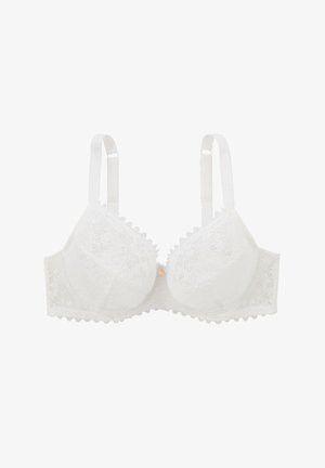Soutien-gorge en dentelle blanche avec des bords festonnés, des bonnets semi-transparents et des bretelles ajustables. Comprend un petit bouton décoratif au centre.