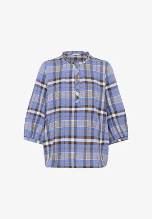 Cămașă cu carouri albastre și marron, cu mâneci scurte, bufante, decolteu rotund și închidere cu nasturi. Este realizată dintr-un material de bumbac texturat.