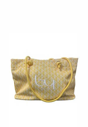 Borsa tote gialla con motivo, manici in corda e logo bianco "byblos" centrato sul davanti.