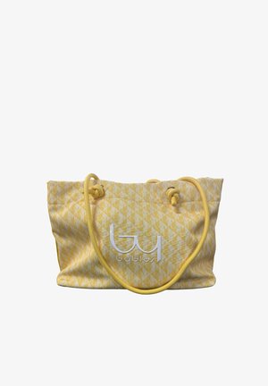 Borsa tote gialla con motivo, manici in corda e logo bianco "byblos" centrato sul davanti.