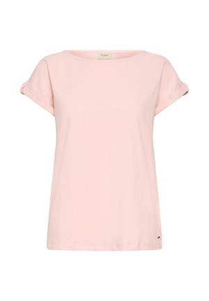 Lichtroze T-shirt met korte mouwen en opgerolde manchetten, ronde halslijn en een klein merkje bij de zoom.