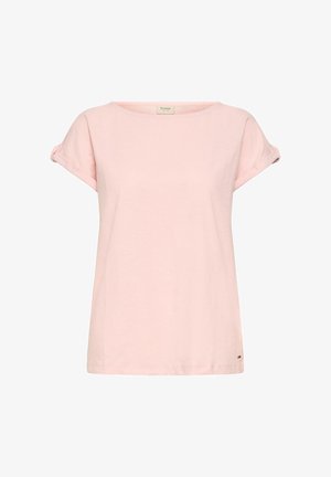 Lichtroze T-shirt met korte mouwen en opgerolde manchetten, ronde halslijn en een klein merkje bij de zoom.