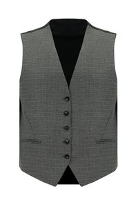 Chaleco a cuadros gris con escote en V, seis botones negros y dos bolsillos delanteros. La tela tiene una textura sutil y un diseño a medida.