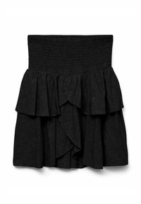 Svart lagdelt skjørt med smocket midjebånd, som har flere volanglag og en myk, lett tekstur.