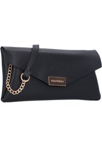 Black synthetic clutch with a triangular flap, chain strap in gold, and branded metal plaque. Smooth texture with a structured design.