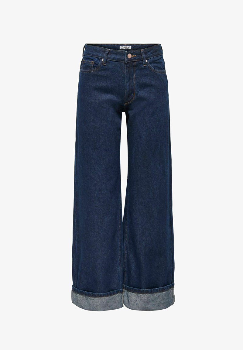 Tamsiai mėlynos plačios kelnės su atlenktu kraštu, priekinių kišenių, sagų užsegimu ir matoma prekės ženklo etikete juosmens viduje.