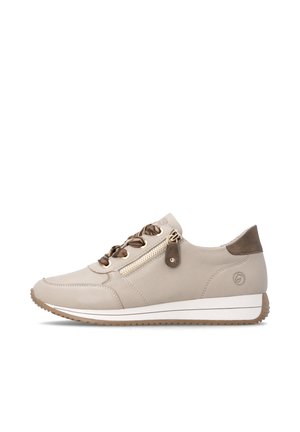 Baskets beige décontractées avec des touches de marron, des lacets à motifs, une fermeture éclair latérale, une semelle rembourrée et une semelle extérieure en caoutchouc texturé pour une meilleure adhérence.