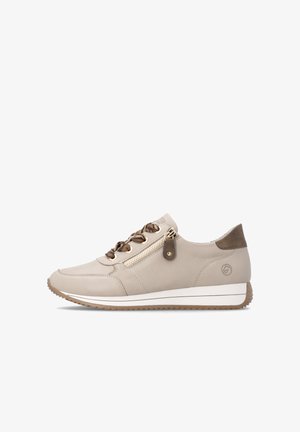 Baskets beige décontractées avec des touches de marron, des lacets à motifs, une fermeture éclair latérale, une semelle rembourrée et une semelle extérieure en caoutchouc texturé pour une meilleure adhérence.