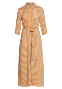 Vestito lungo con bottoni in senape con strisce verticali bianche. Presenta un colletto, maniche tre quarti e una cintura abbinata in vita.