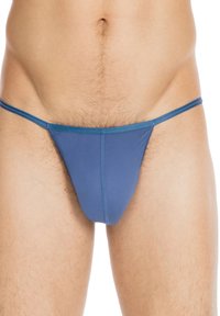Blaue String-Unterwäsche aus glattem Stoff. Sie zeichnet sich durch ein minimalistisches Design mit dünnen Seitenbändern und einem konturierten Vorderteil aus.