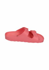 Pink rubber slide sandal with two adjustable buckles and a textured sole for grip. Open-toe design, smooth finish, and sturdy construction.
