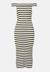Fekete és krémszínű csíkos, off-the-shoulder bodycon ruha, testhez simuló fazon, sima textúra, térd hosszúságú, minimalista dizájn.