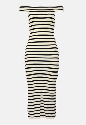 Robe bodycon décolletée en noir et crème à rayures tricotées, coupe ajustée, texture lisse, longueur genou, et design minimaliste.