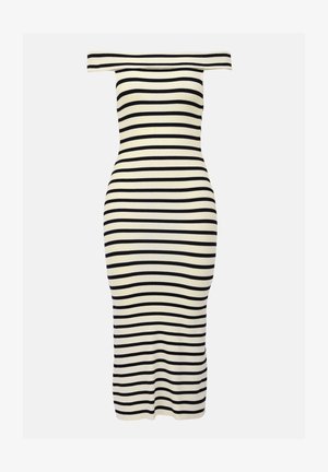 Off-shoulder bodycon-klänning i svart och krämfärgad randig stickad, åtsittande form, slät textur, knälång och minimalistisk design.