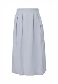 Light blue high-waist midi skirt with box pleats, fitted waistband, and a slight flare at the hem.