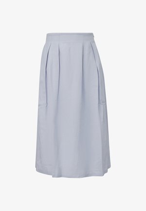 Jasnoniebieska midi spódnica z wysokim stanem, plisami karo, dopasowaną talią i lekkim rozkloszowaniem u dołu.