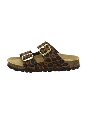 Brown leopard print slide sandal with two adjustable gold buckles and cork footbed on black sole, viewed from the side.