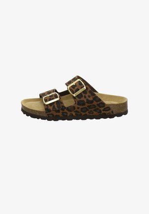 Brown leopard print slide sandal with two adjustable gold buckles and cork footbed on black sole, viewed from the side.