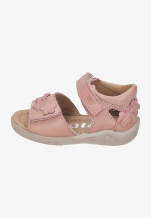 Rosa Leder-Sandalen mit Blumenakzenten, Klettverschlüssen, offenen Seiten und einer strukturierten beigen Sohle, die Herzdesigns zeigt.