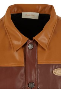 Braun und beige farblich unterteilte Jacke mit glänzender Oberfläche. Hervorzuhebende Merkmale sind ein großer Kragen und ein Markenetikett am Saum. Silberner Druckknopf.