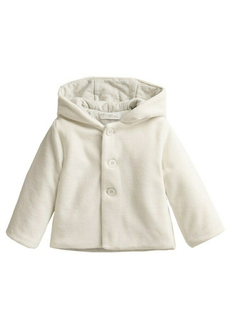 Biała kurtka z kapturem z teksturowanej tkaniny, z zapięciem na guziki i prążkowanym wnętrzem. Miękki materiał z długimi rękawami i luźnym krojem.
