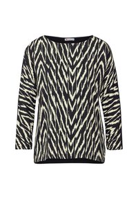 Czarny i kremowy top z długim rękawem, z zygzakowatym wzorem w szpic. Wykonany z lekkiego materiału, z szerokim dekoltem i luźnym fasonem.