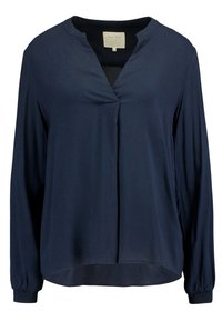 Navy blue long-sleeve blouse with a V-neck, band collar, and gathered cuffs, slightly curved hem.
