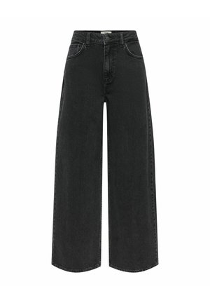 Zwart denim spijkerbroek met hoge taille, brede pijpen, knoop- en ritssluiting aan de voorkant, en een ontwerp met vijf zakken.