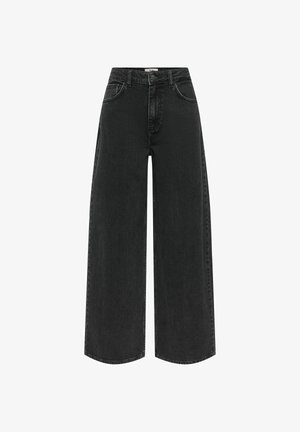 Sort, højttaljede denimjeans med vide ben, lukning med knapper og lynlås foran samt design med fem lommer.